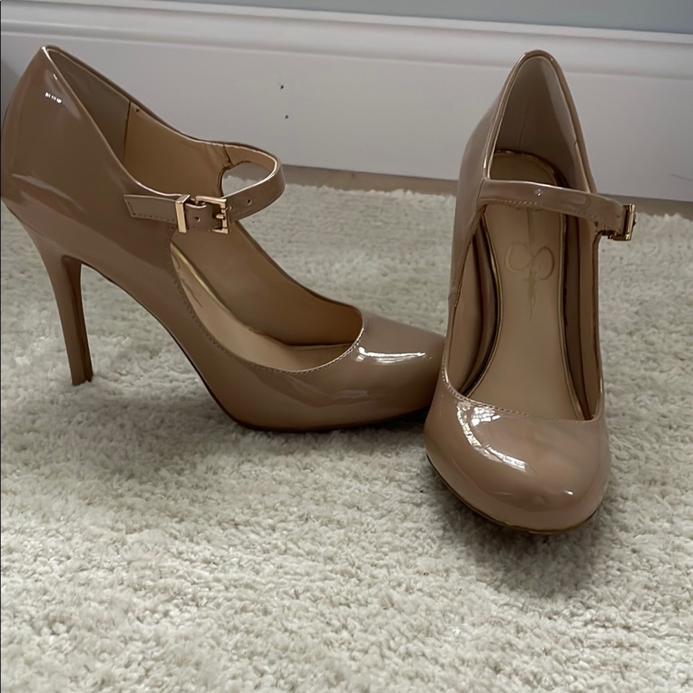 Jessica Simpson Tan Patent Leather Heels with Ankle Strap